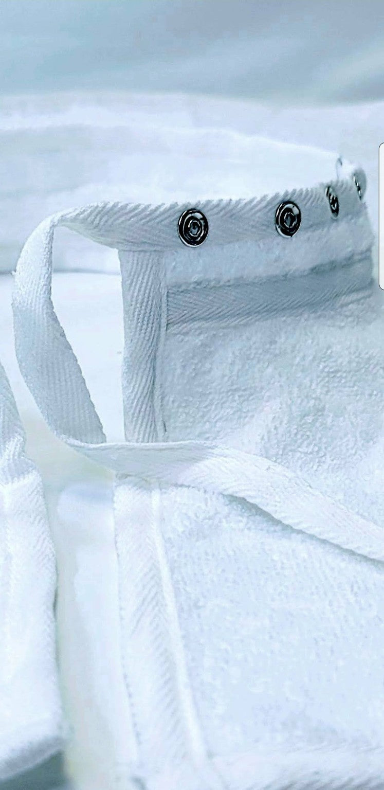JADASH PRODUCTS White 100% Cotton Round Shoulder Towel Cape neck closure detail