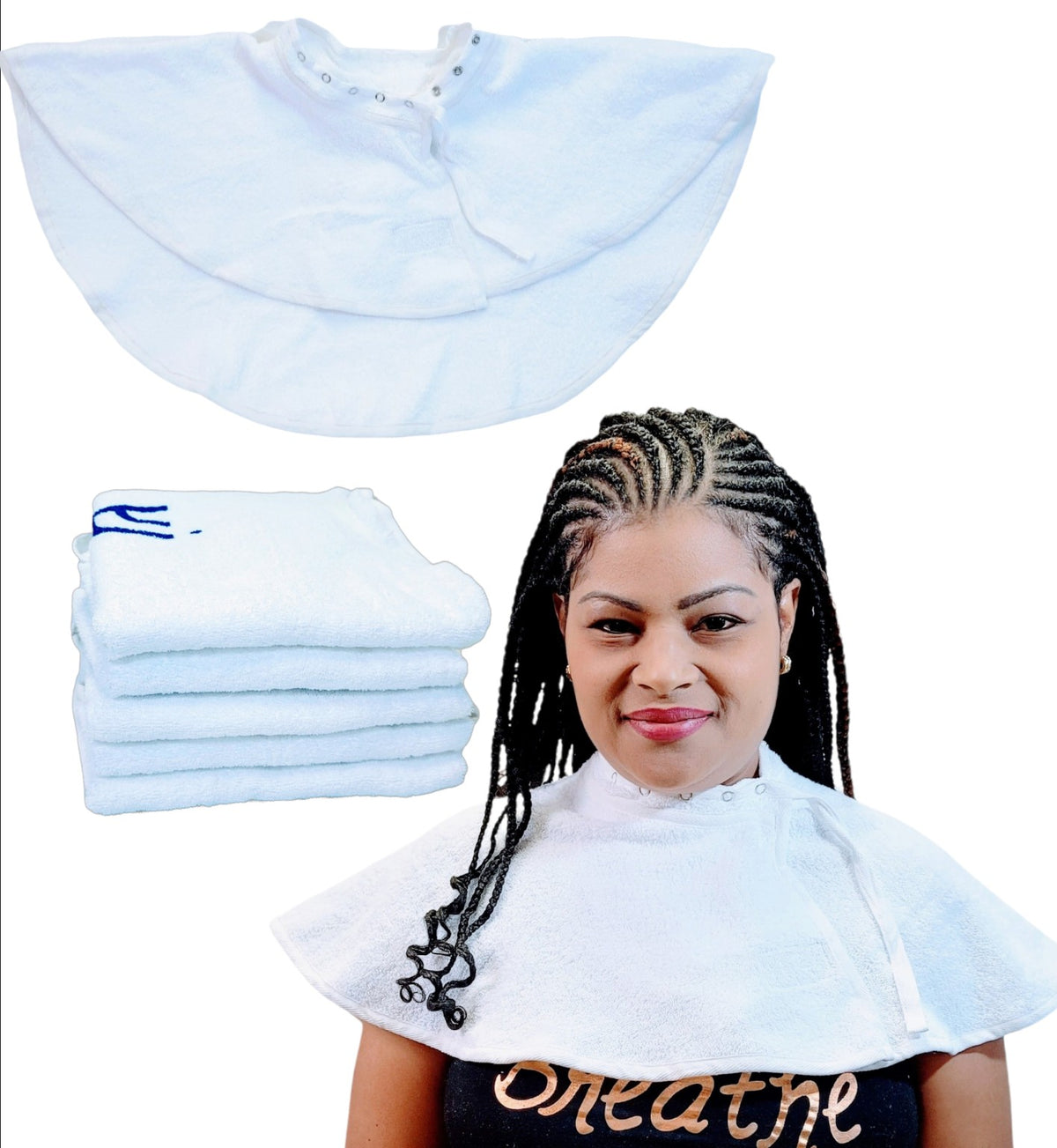JADASH PRODUCTS White 100% Cotton Round Shoulder Towel Cape shown on model