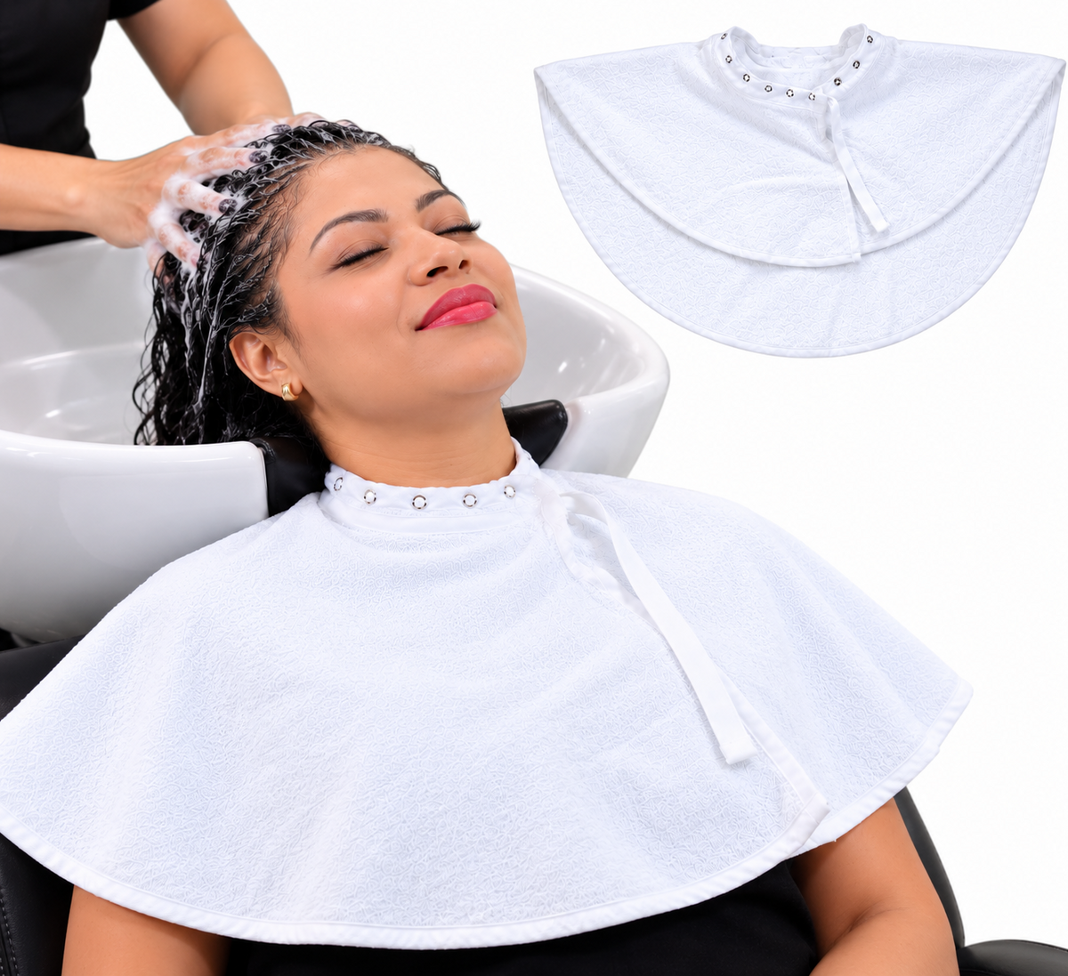 JADASH PRODUCTS 100% cotton white round shoulder towel cape in use during a salon shampoo service