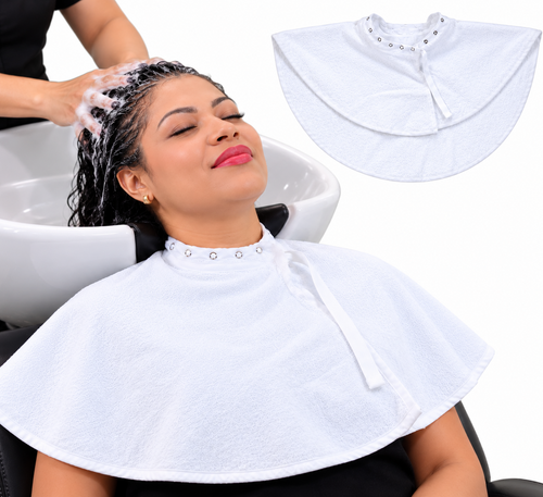 JADASH PRODUCTS 100% cotton white round shoulder towel cape in use during a salon shampoo service